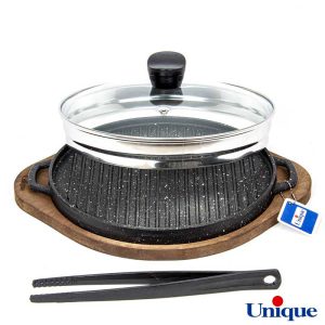 تابه گریل چدنی یونیک درب دار 30 سانتیمتری (سینی چوبی) UN-6001
