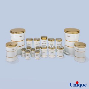 سرویس 18 پارچه یونیک مدل کمر باریک سفید استیل درب طلا کد4597