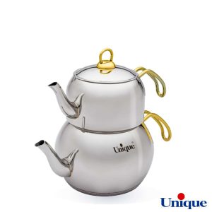 کتری و قوری 2.5 لیتر یونیک استیل UN-7268 دسته طلایی و نقره ای